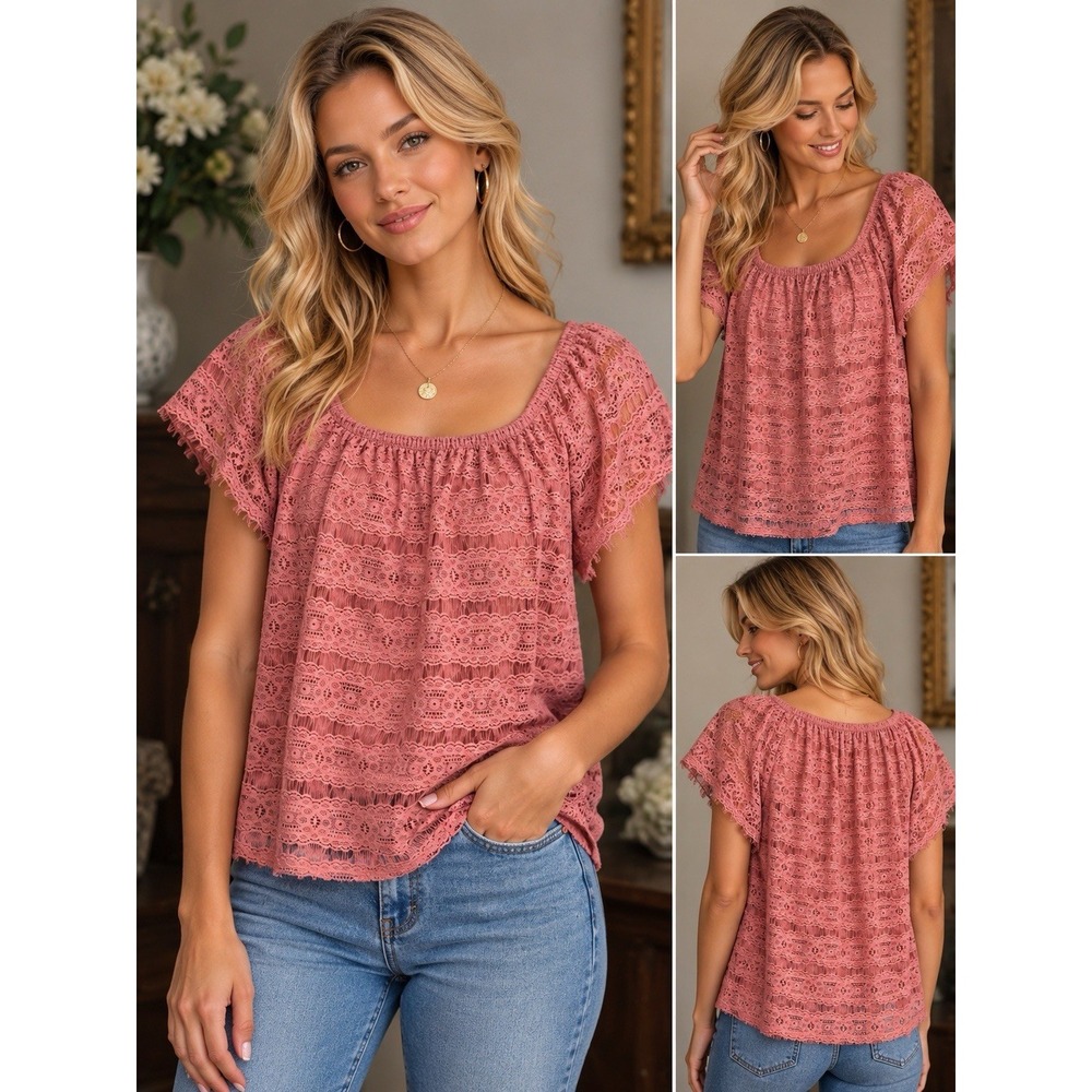Ya Los Angeles Women's Large Dusty Rose Pink Lace Flutter Sleeve Boho Blouse